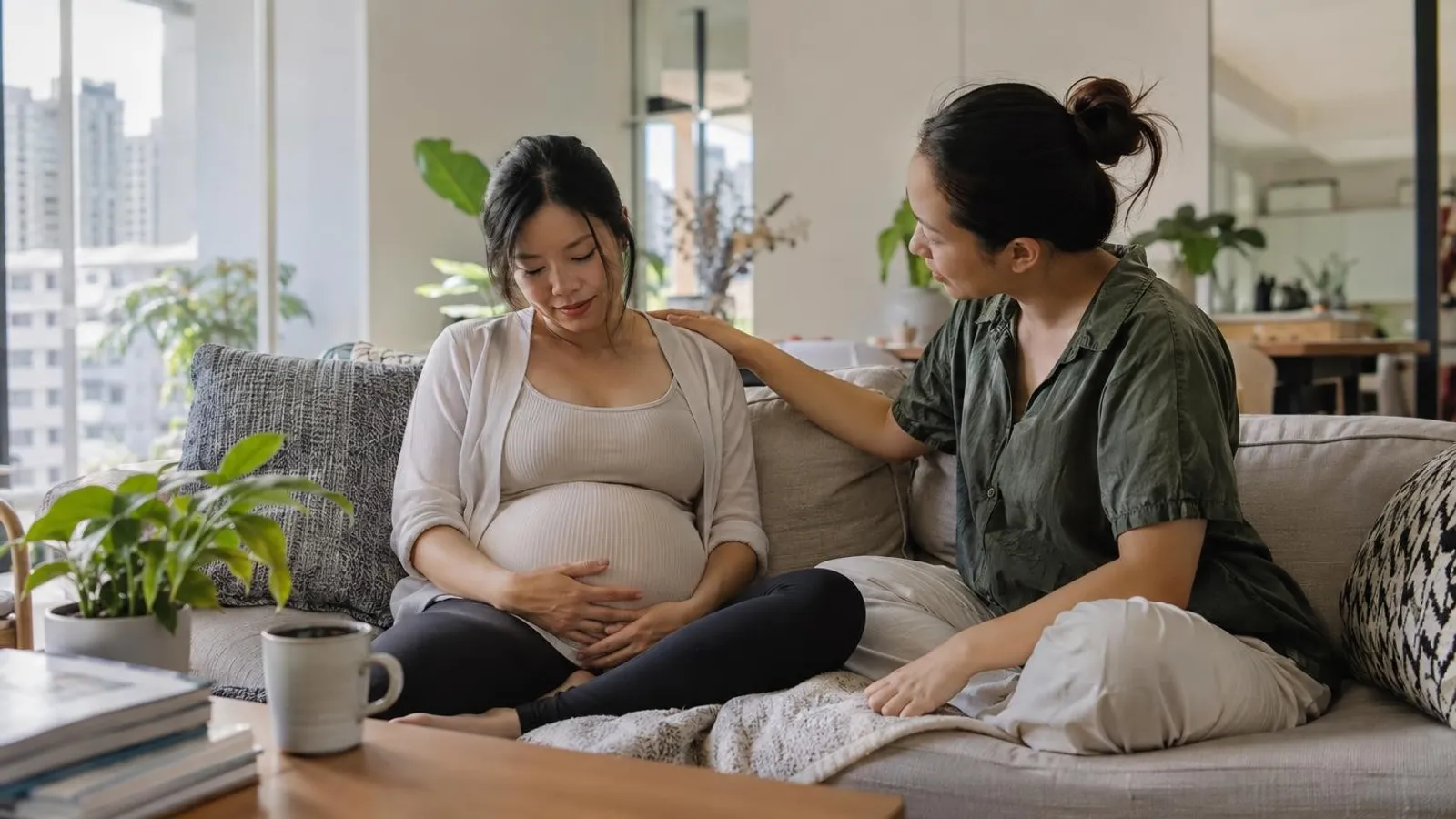 A doula supportively comforting a pregnant woman in a bright Singapore home
