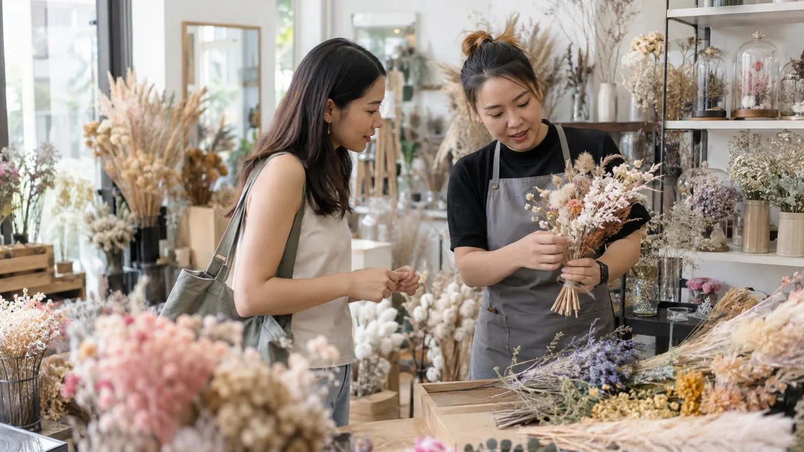 Dried and Preserved Flower Shops: a customer and a provider in a bright, modern setting