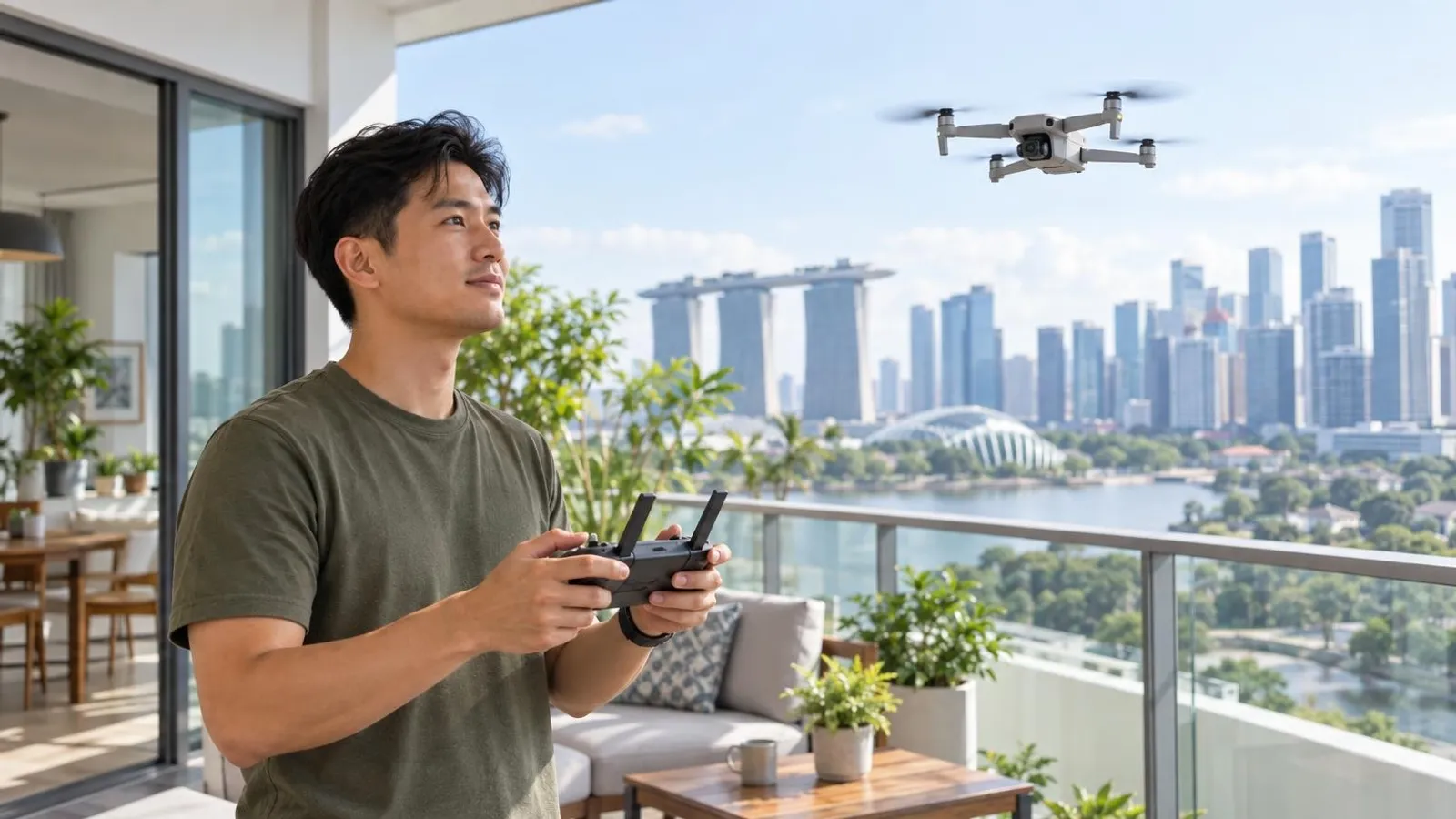 A drone operator flying a camera drone with a handheld controller against a bright Singapore skyline