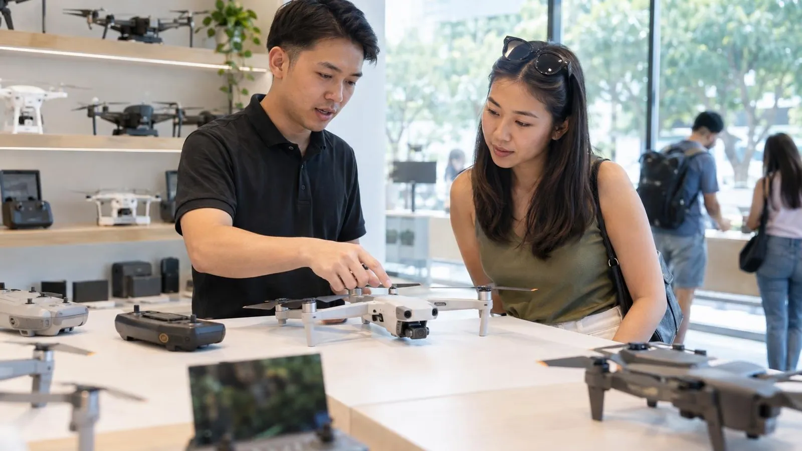 A customer looking at a small camera drone on a bright shop counter while an assistant explains