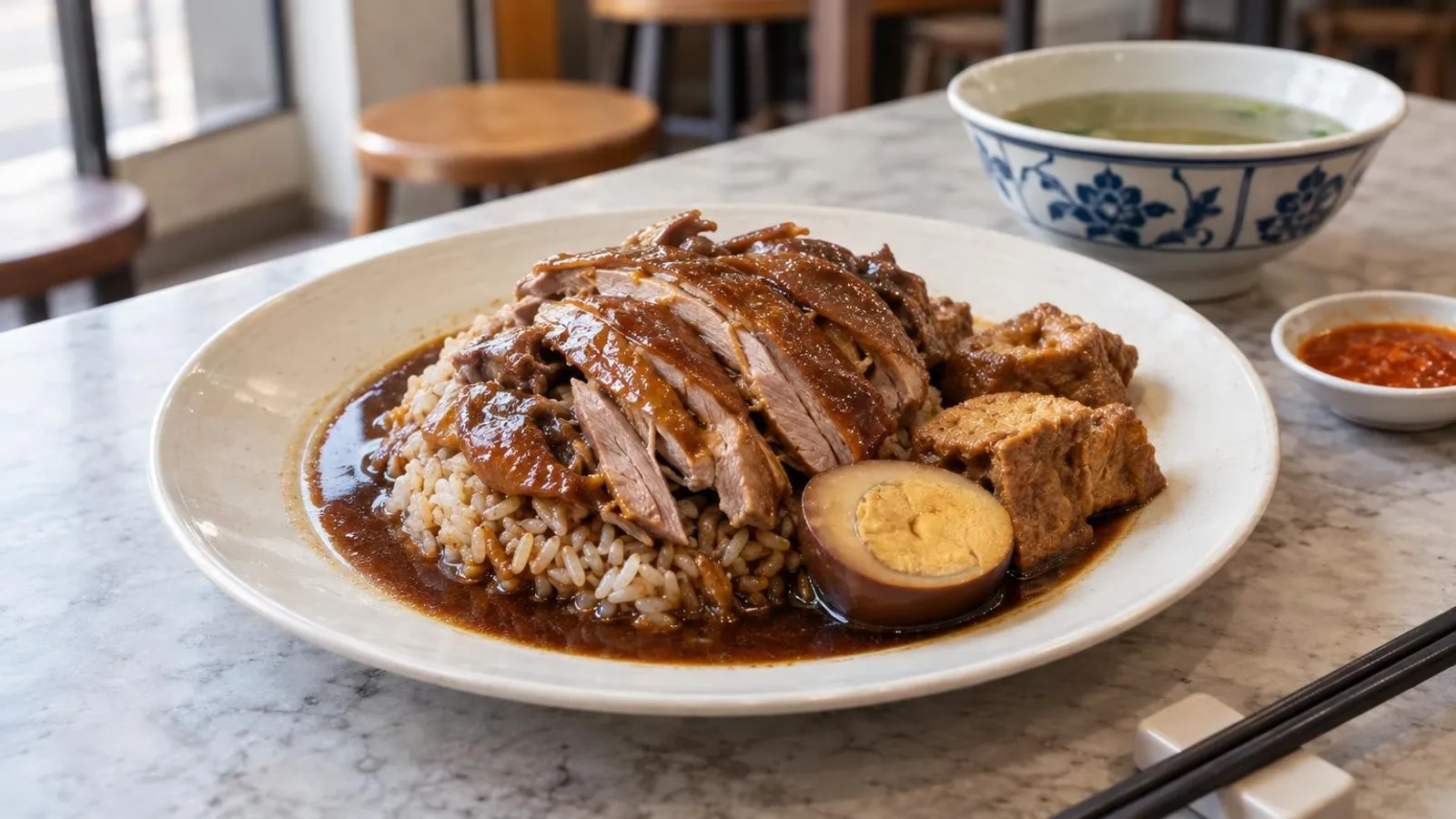 A plate of Teochew braised duck rice with braised egg and tau kwa in Singapore