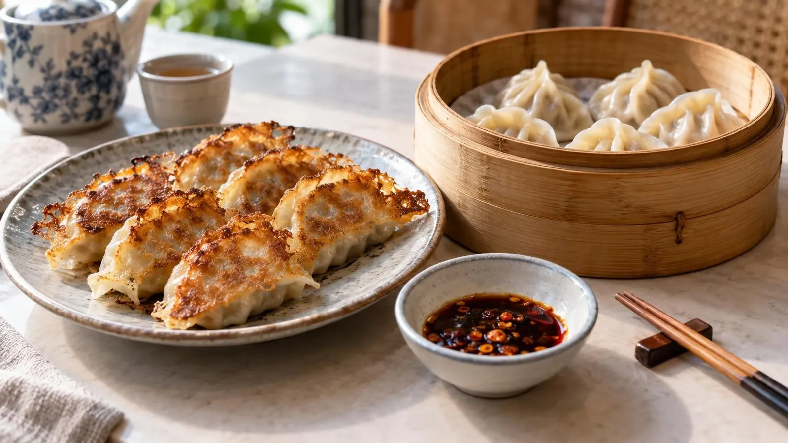 A plate of golden pan-fried potstickers beside a bamboo steamer of pleated jiaozi dumplings with black vinegar and chilli oil
