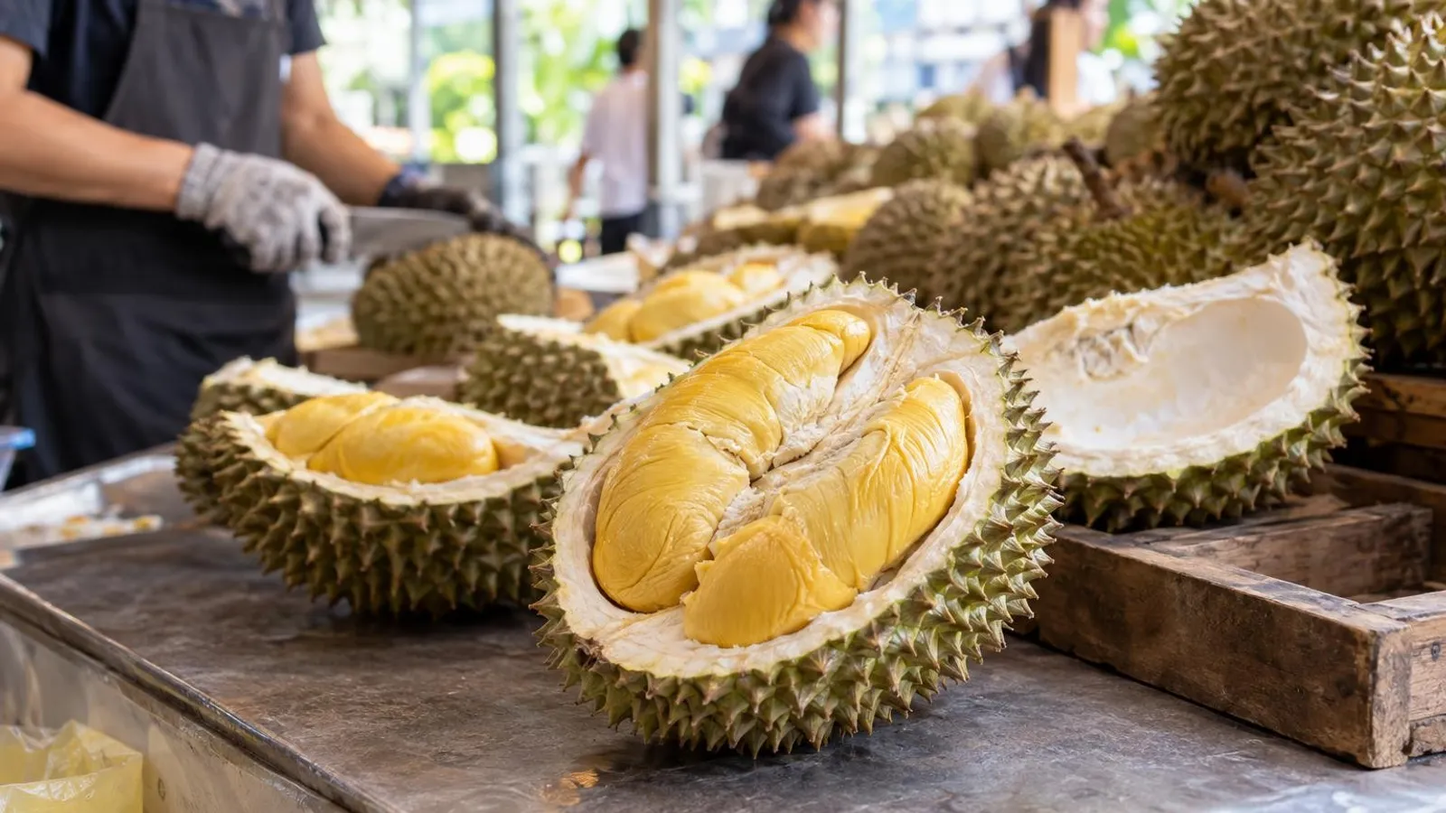 Opened Mao Shan Wang durian with golden creamy flesh on the husk at a Singapore durian stall