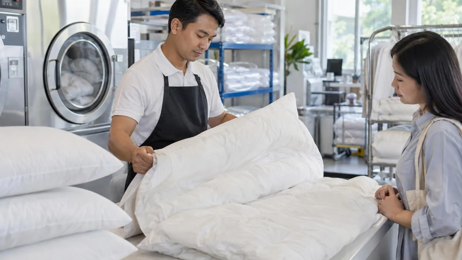 Duvet and Pillow Cleaning Services: a customer and a provider in a bright, modern setting