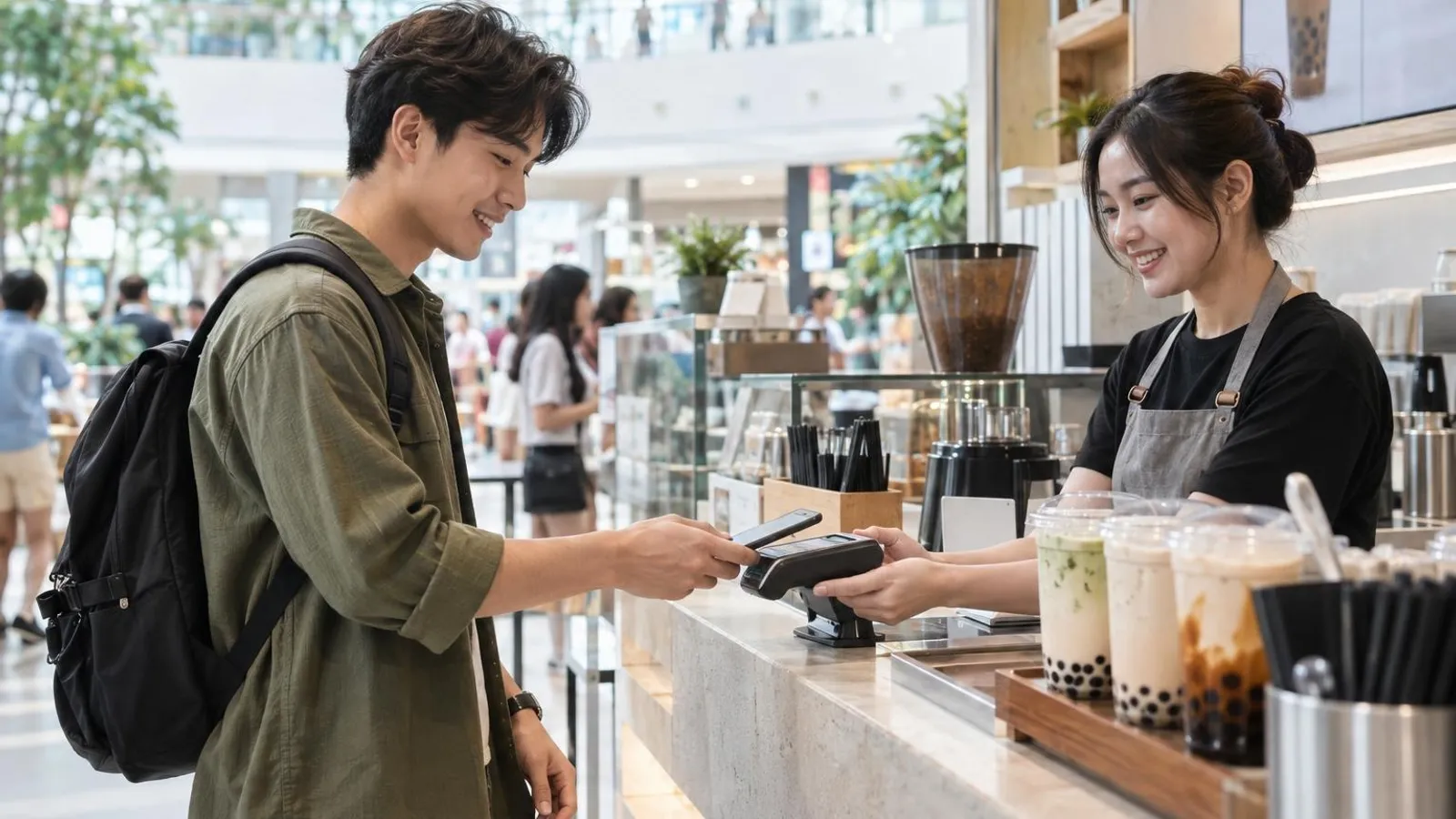 A young man paying with his smartphone at a bubble tea counter in a Singapore mall