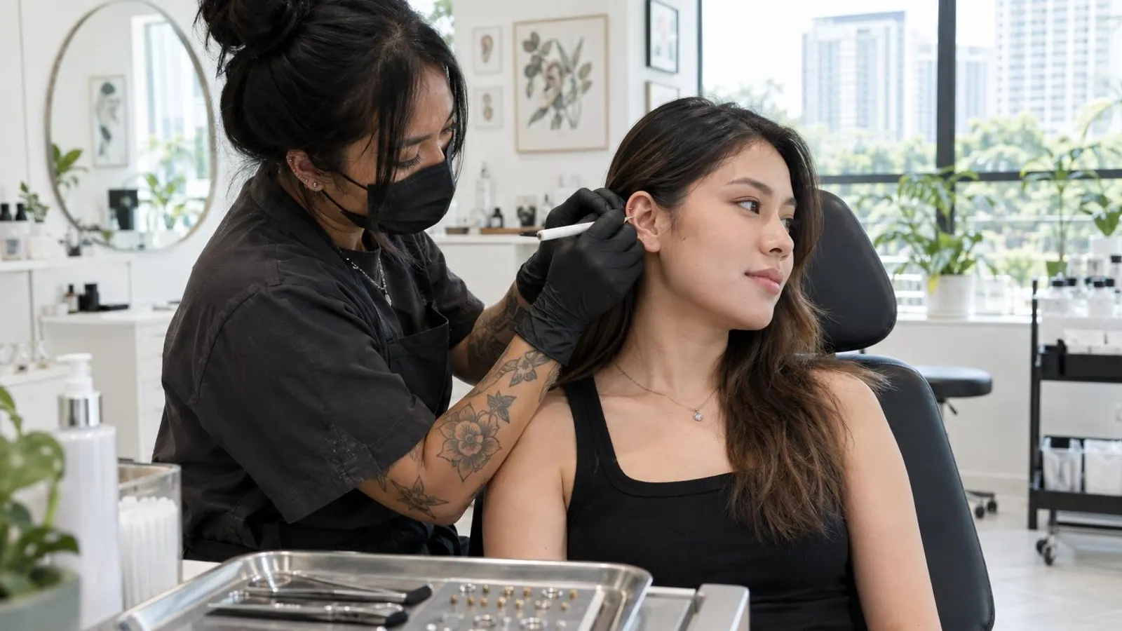 A piercer in gloves marking an ear for a young woman in a clean bright studio