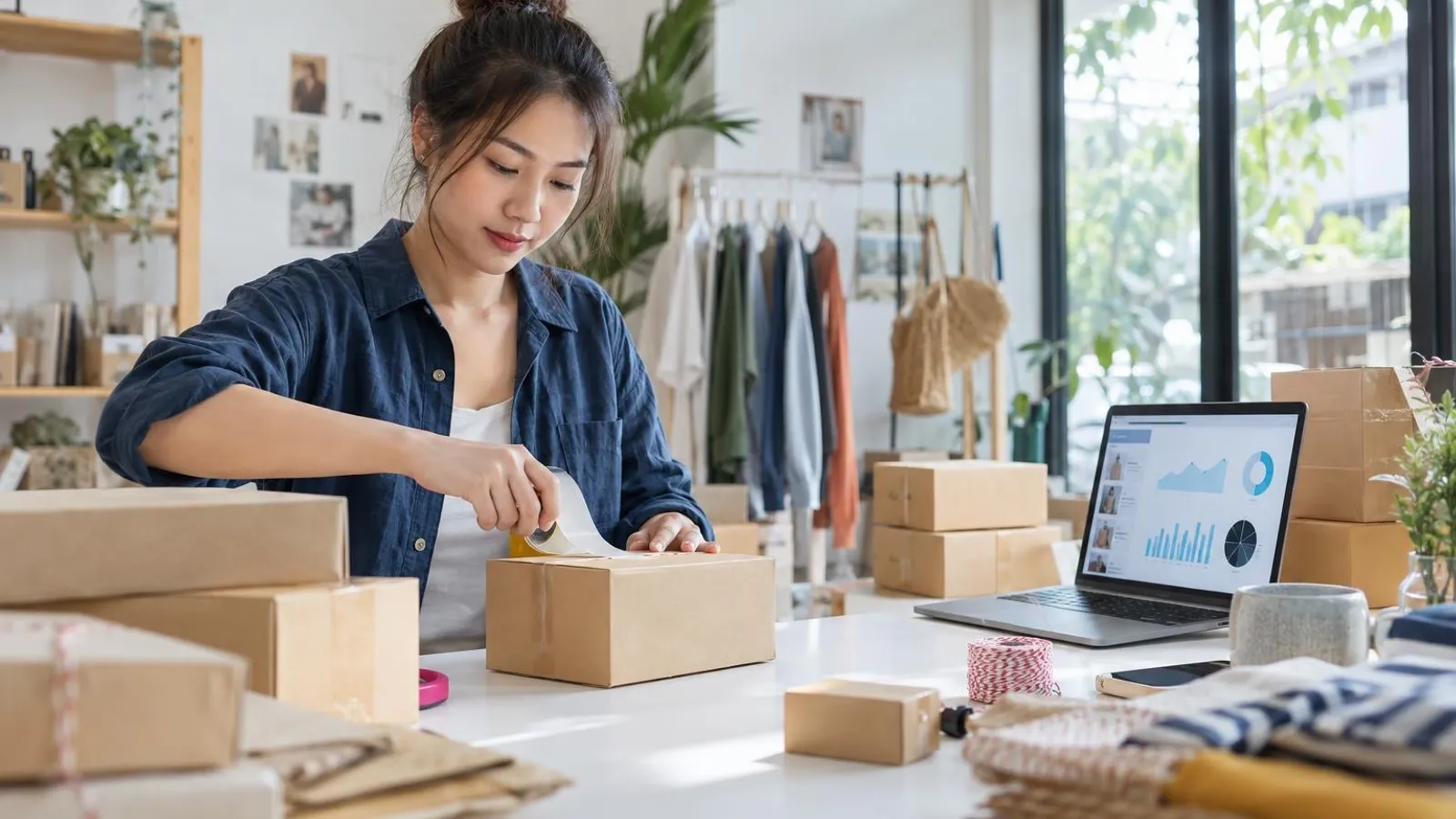 A small online seller packing parcels at a bright table with a laptop showing a store dashboard