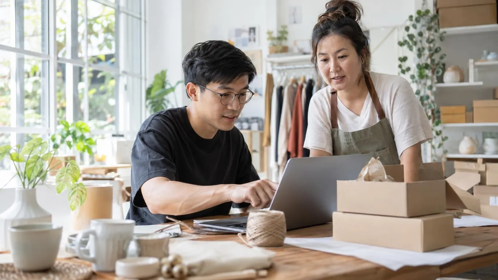 A developer and a small shop owner reviewing an online store on a laptop with product boxes in a bright studio