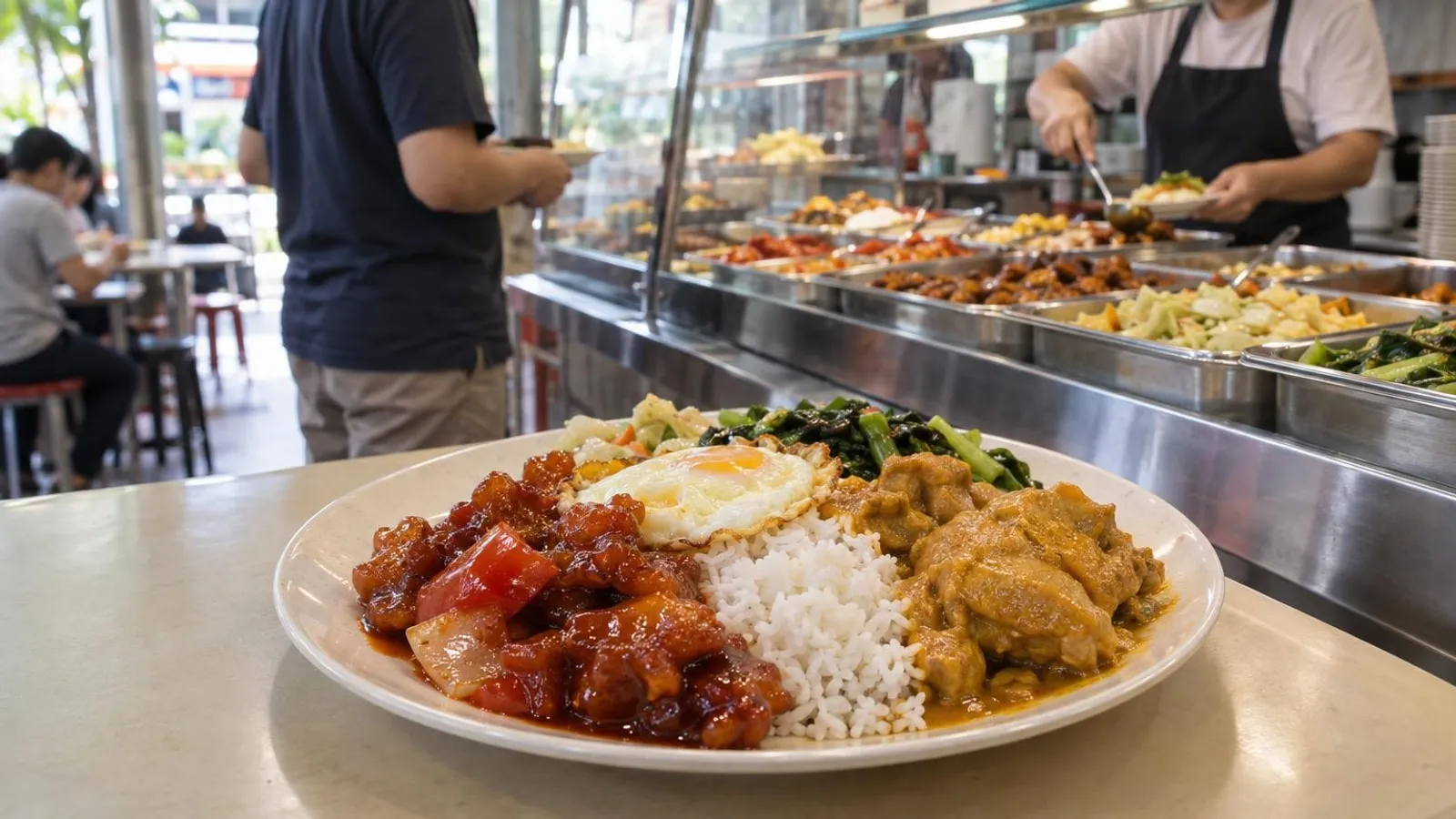 A plate of cai fan economical rice with a tray display counter behind in Singapore