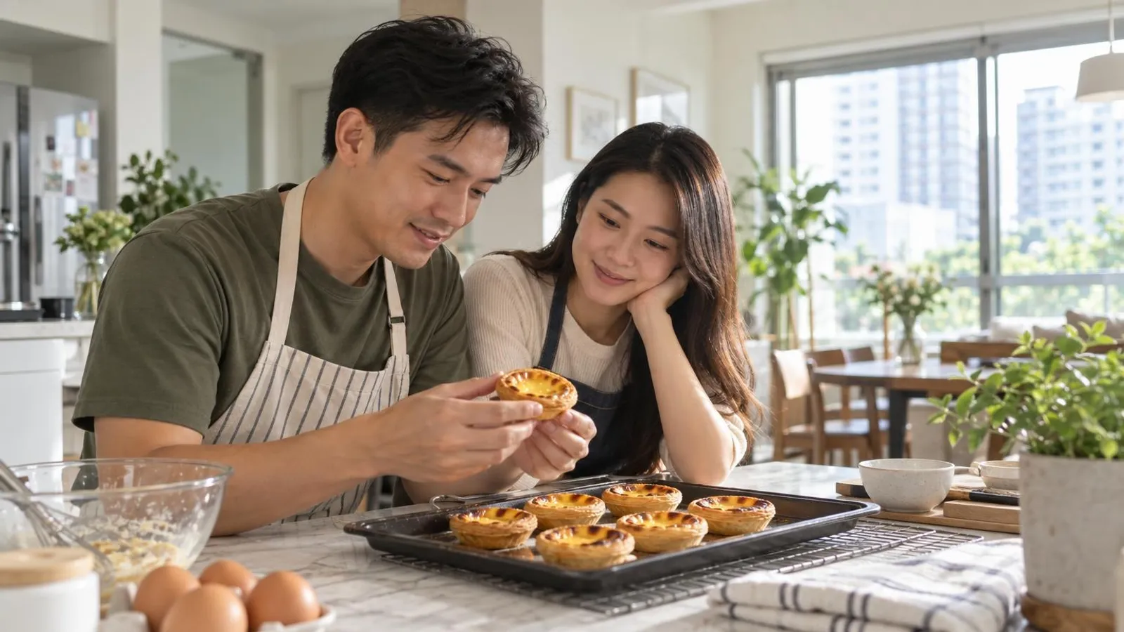 Freshly baked golden egg tarts with flaky pastry on a light marble bakery counter in Singapore