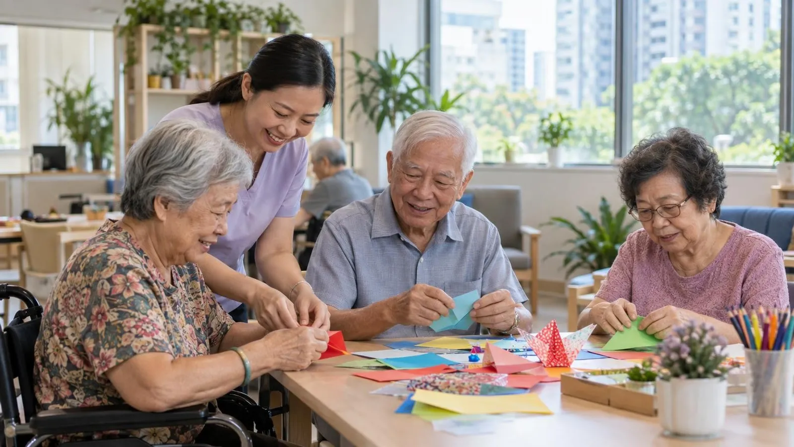 A caregiver helping seniors with a craft activity at a bright Singapore day-care centre