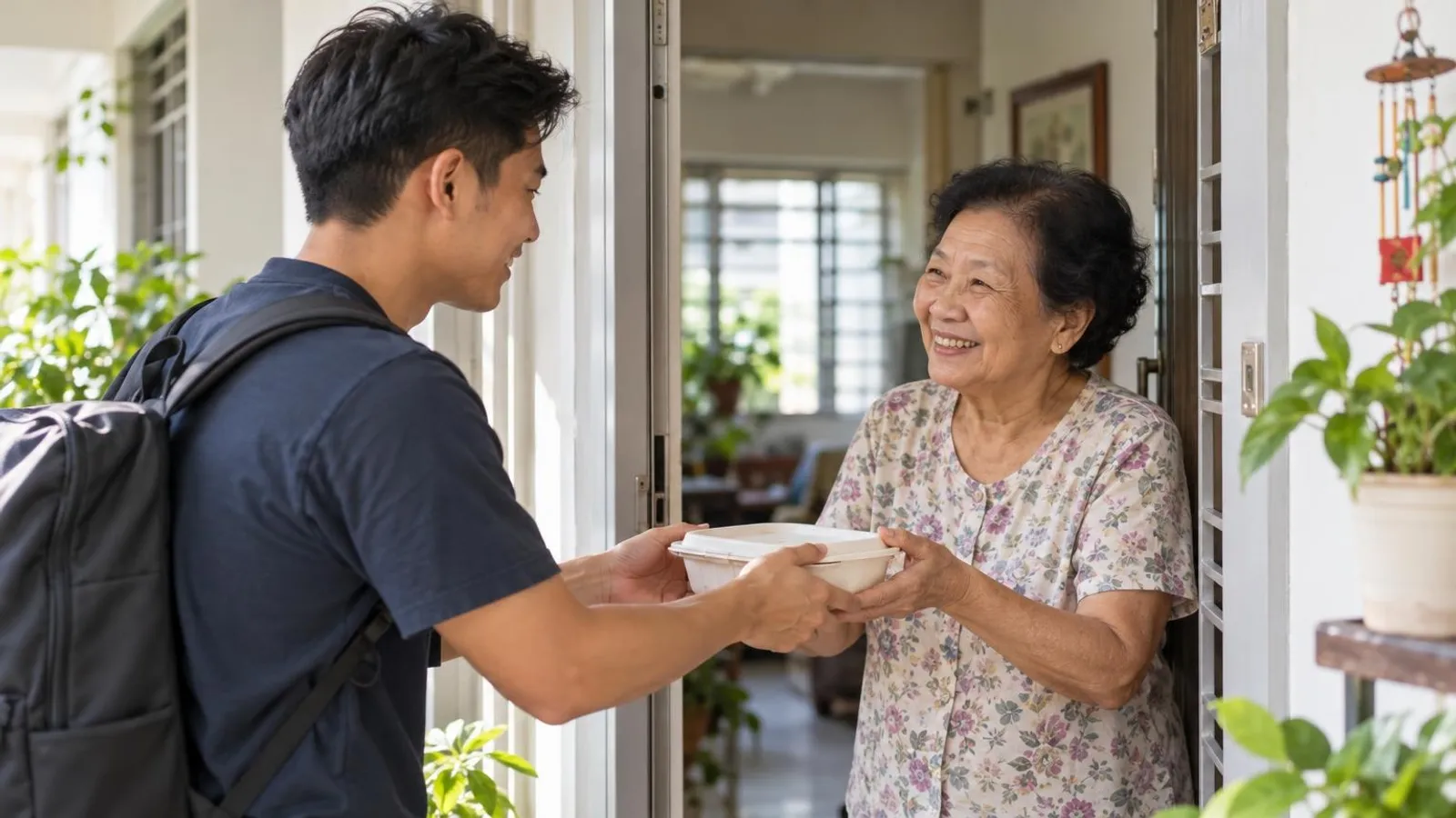 Elderly Meal Delivery Services: a customer and a provider in a bright, modern setting