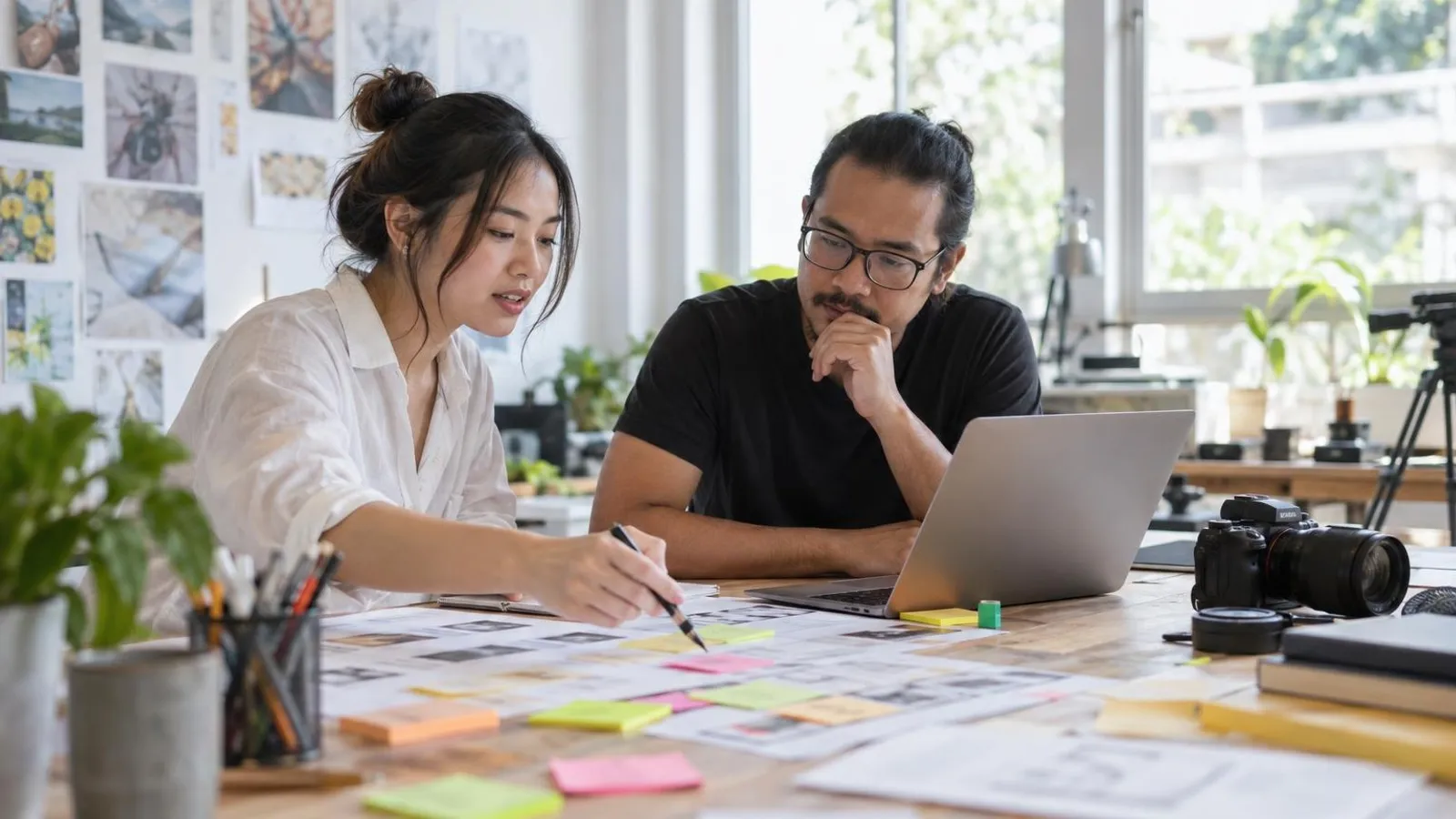 An instructional designer and a video producer storyboarding an online course with sticky notes and a laptop at a bright studio table