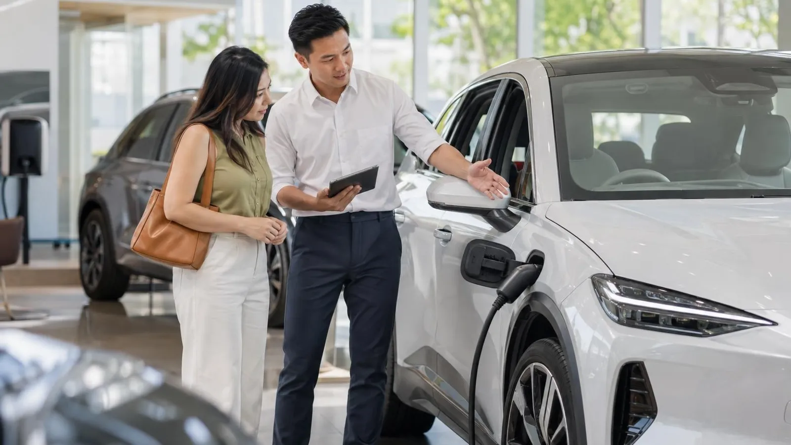 Electric Car Dealers: a customer and a provider in a bright, modern setting