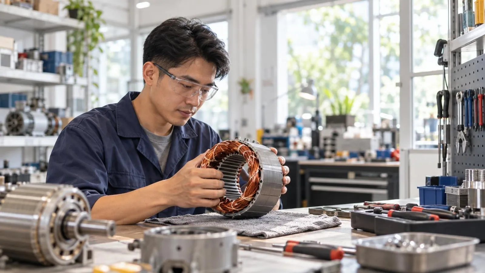 Electric Motor Repair and Rewinding Services: a customer and a provider in a bright, modern setting