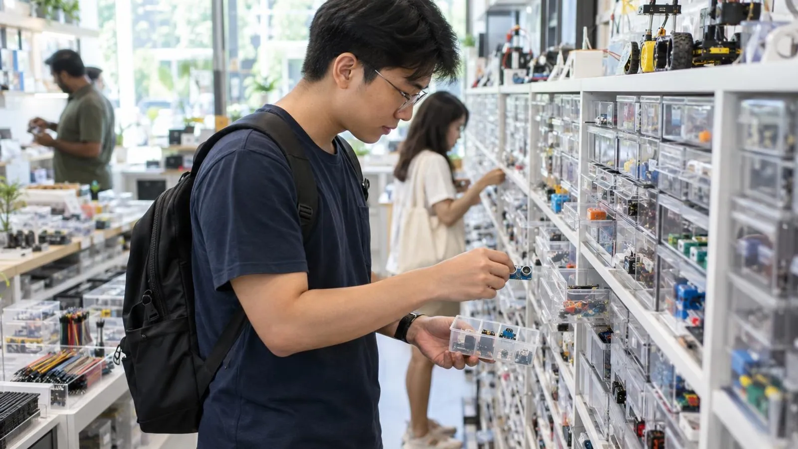 A maker choosing small electronic modules and sensors from neat drawers in a bright electronics parts shop