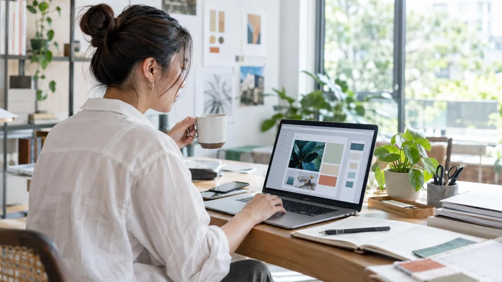 A marketer designing a newsletter layout on a laptop beside a coffee at a bright creative desk