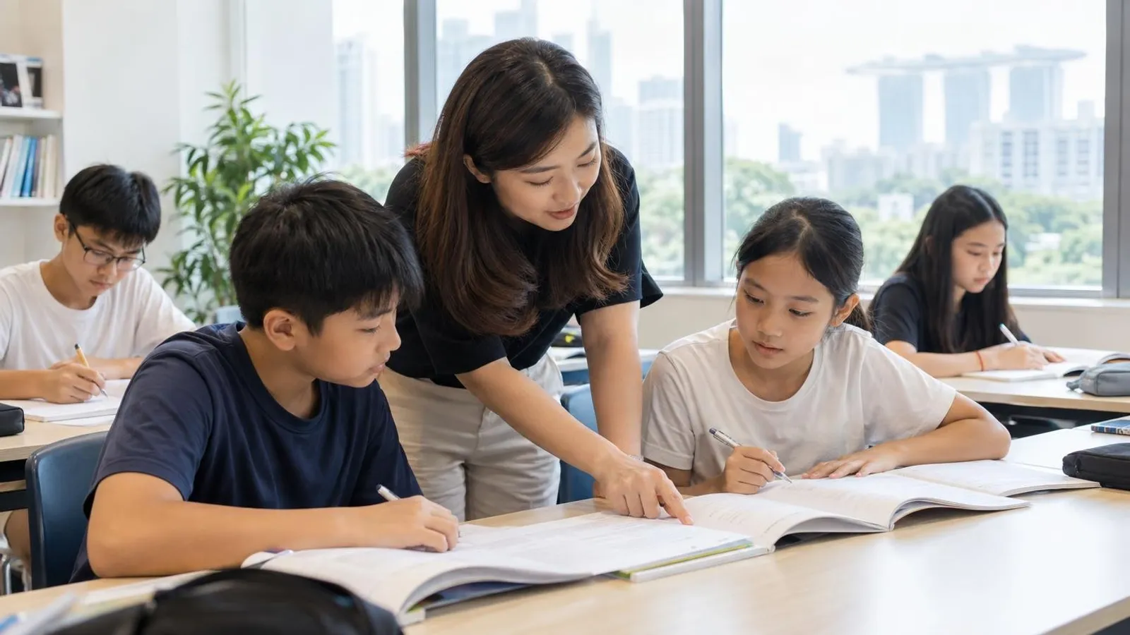 A tutor guiding students through a textbook in a bright Singapore English tuition classroom