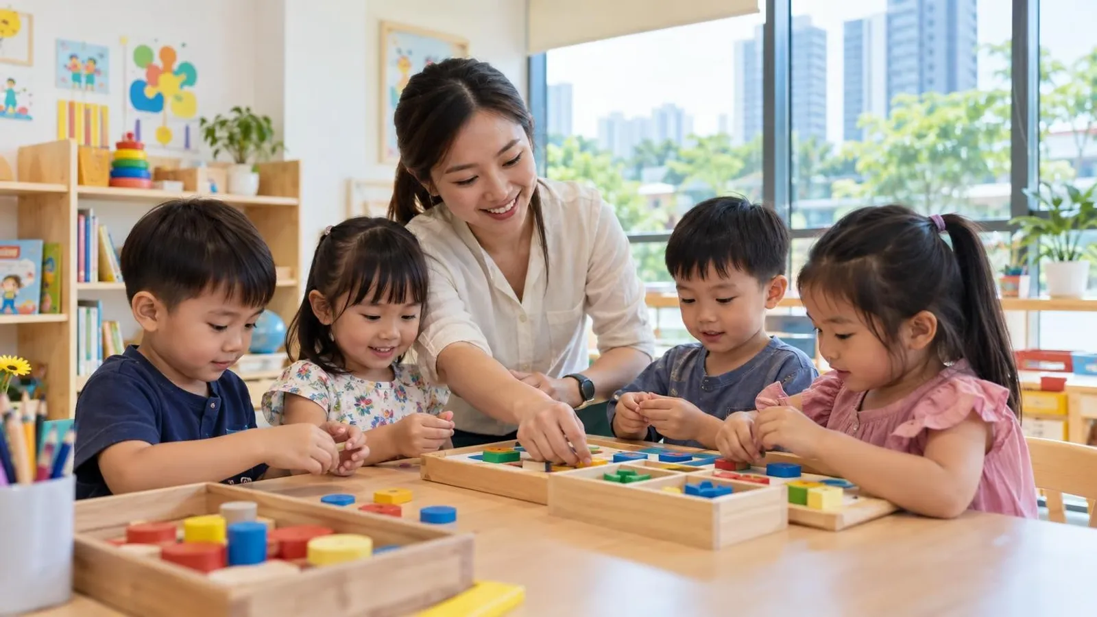 A teacher and preschoolers doing a hands-on enrichment activity at a bright, colourful Singapore learning centre