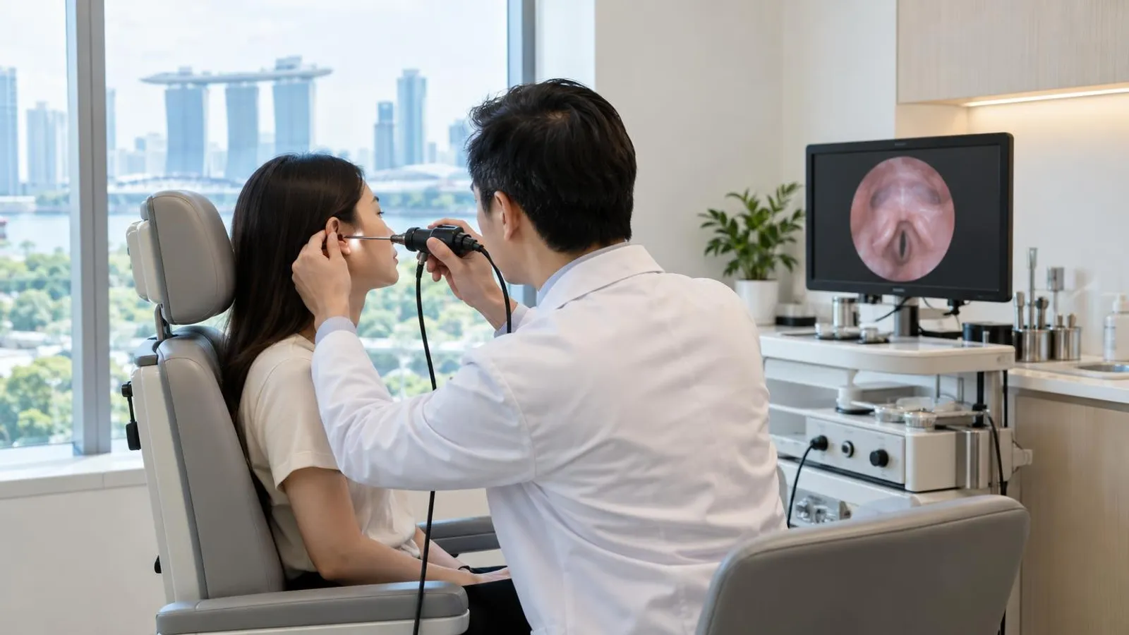 A modern ENT clinic in Singapore with an examination chair and endoscopy equipment
