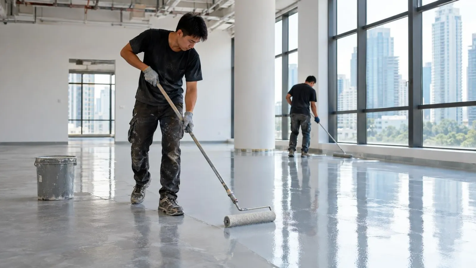 Workers rolling a glossy epoxy floor coating across a large Singapore commercial space