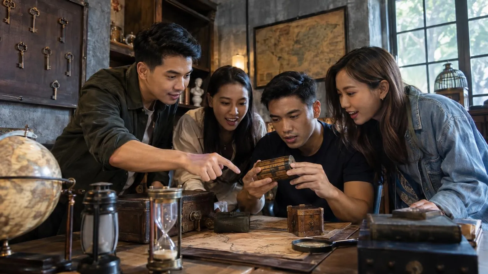 Friends solving a puzzle together in a themed escape room in Singapore