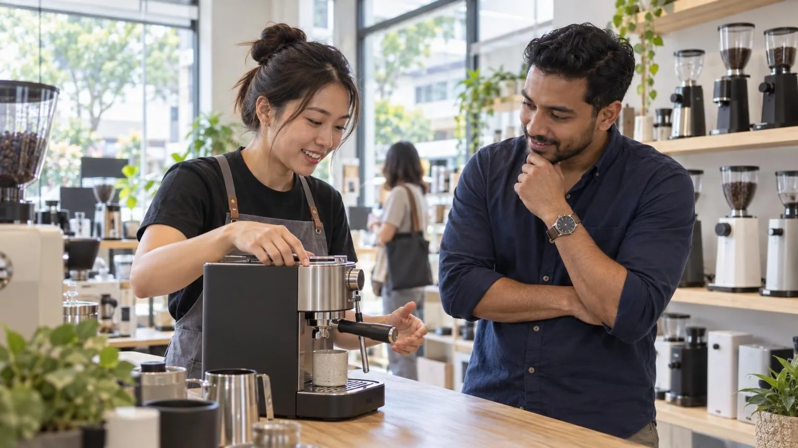 Espresso Machine Shops: a customer and a provider in a bright, modern setting