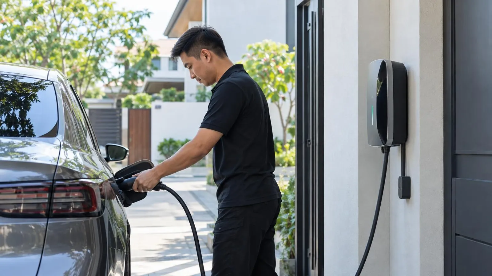 An electric car charging at a home wall charger on a Singapore driveway