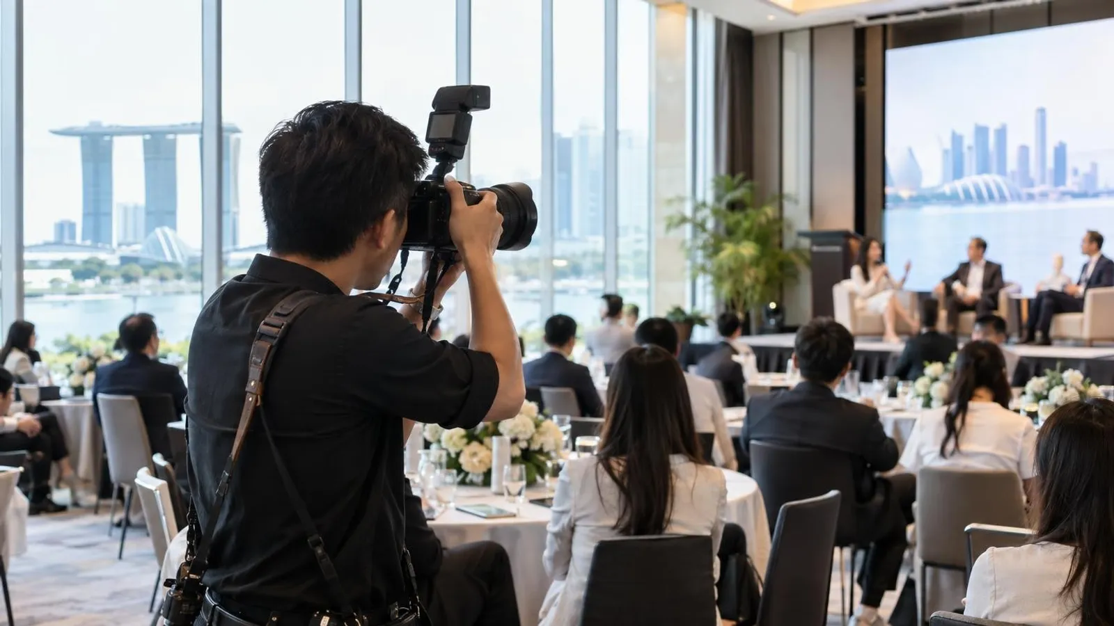An event photographer shooting at a corporate event in a bright Singapore function hall