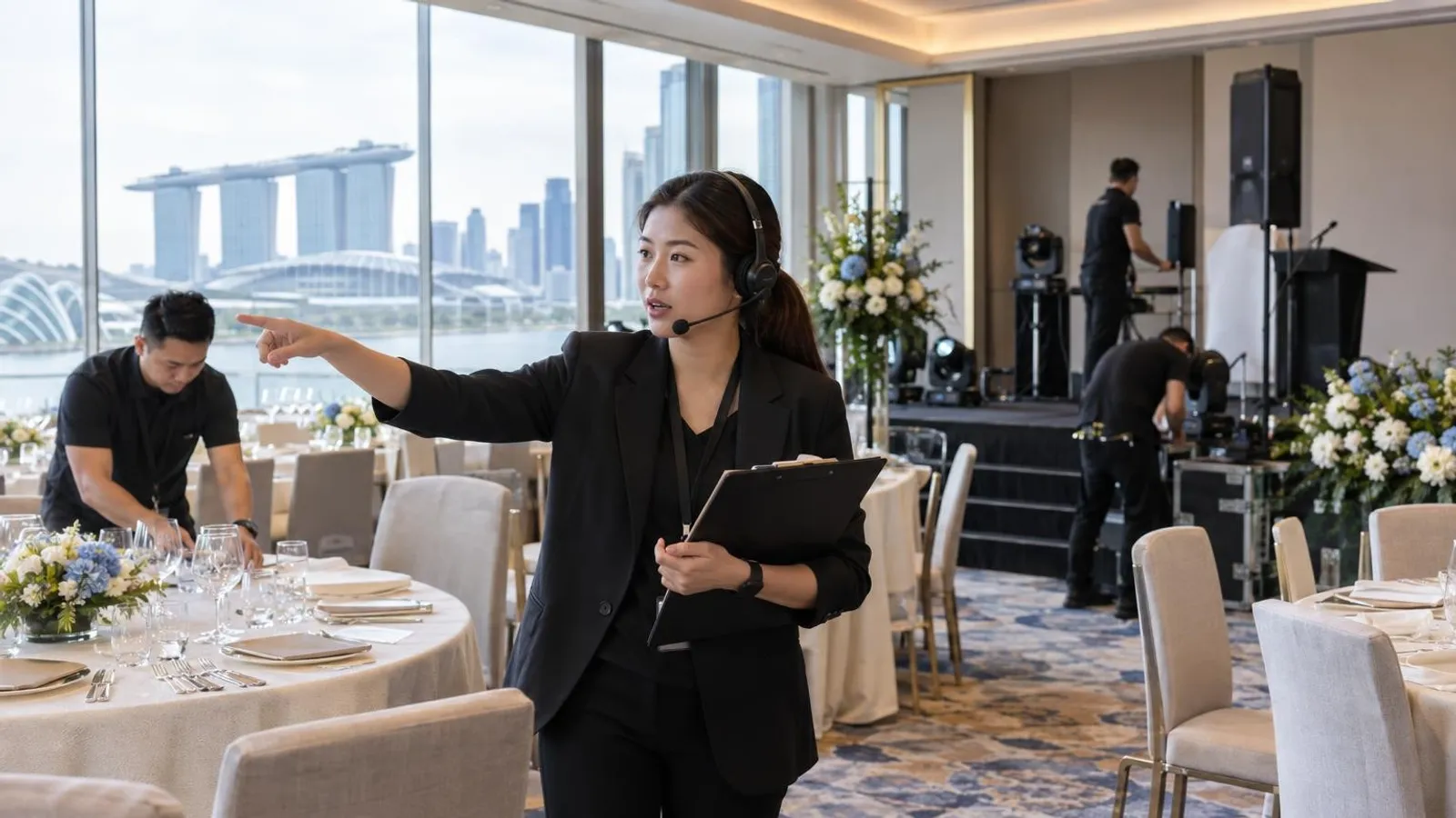 An event planner with a headset directing the setup of a bright Singapore function space