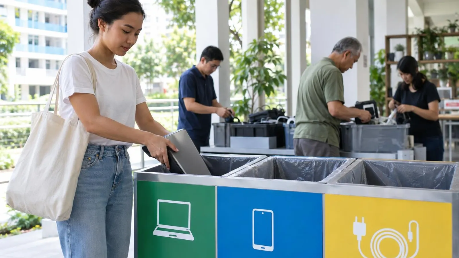 A volunteer placing old electronics into separated recycling bins in a bright community space
