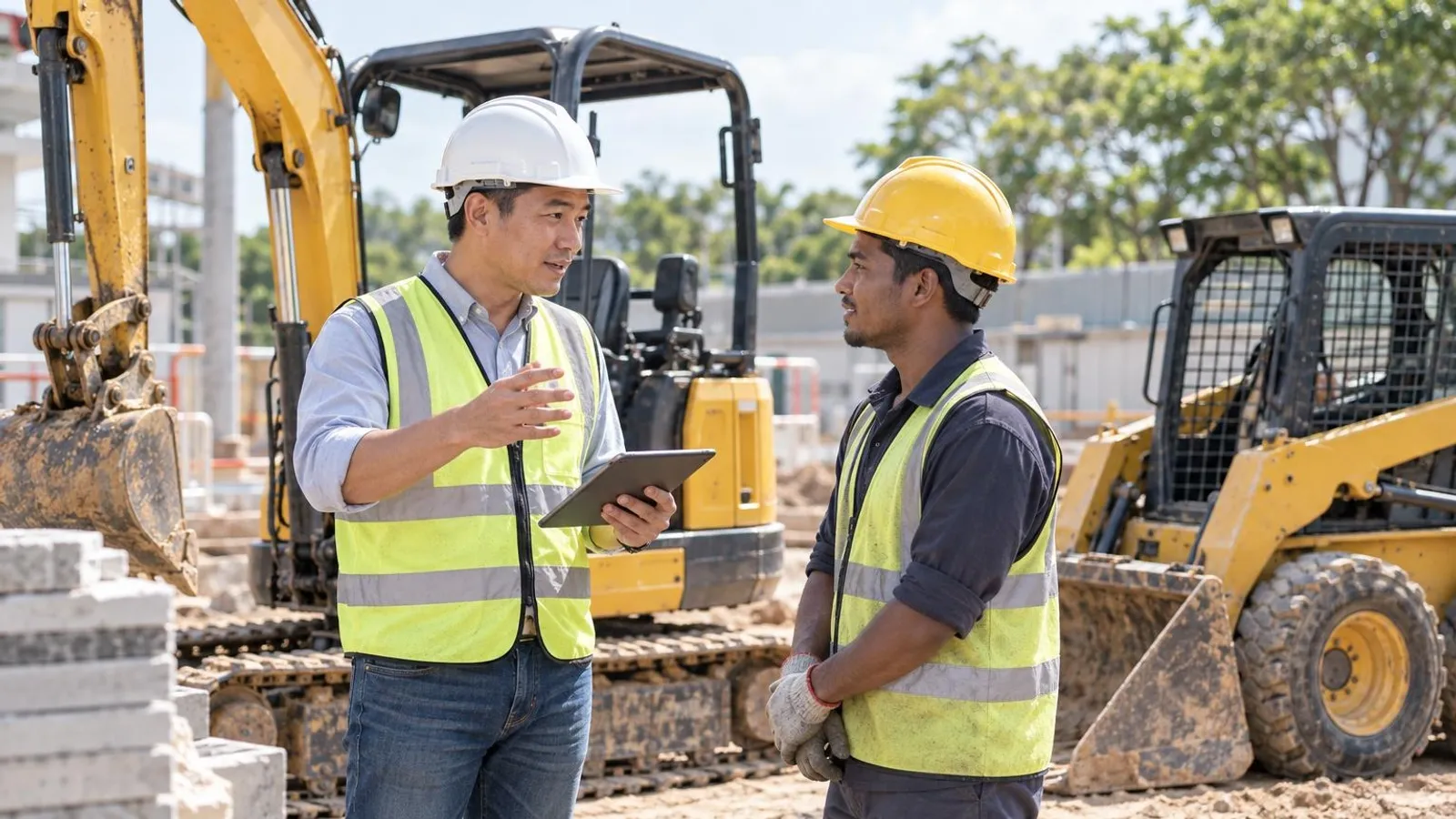 Excavator and Bobcat Rental Companies: a customer and a provider in a bright, modern setting