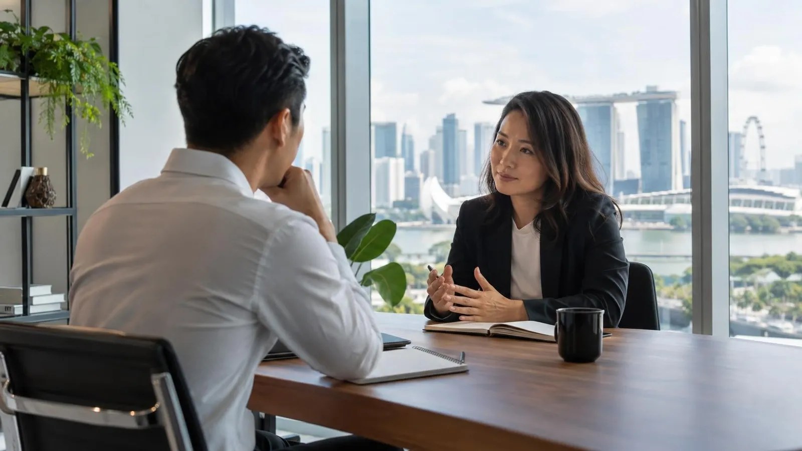 A one-to-one executive coaching session in a bright modern Singapore office
