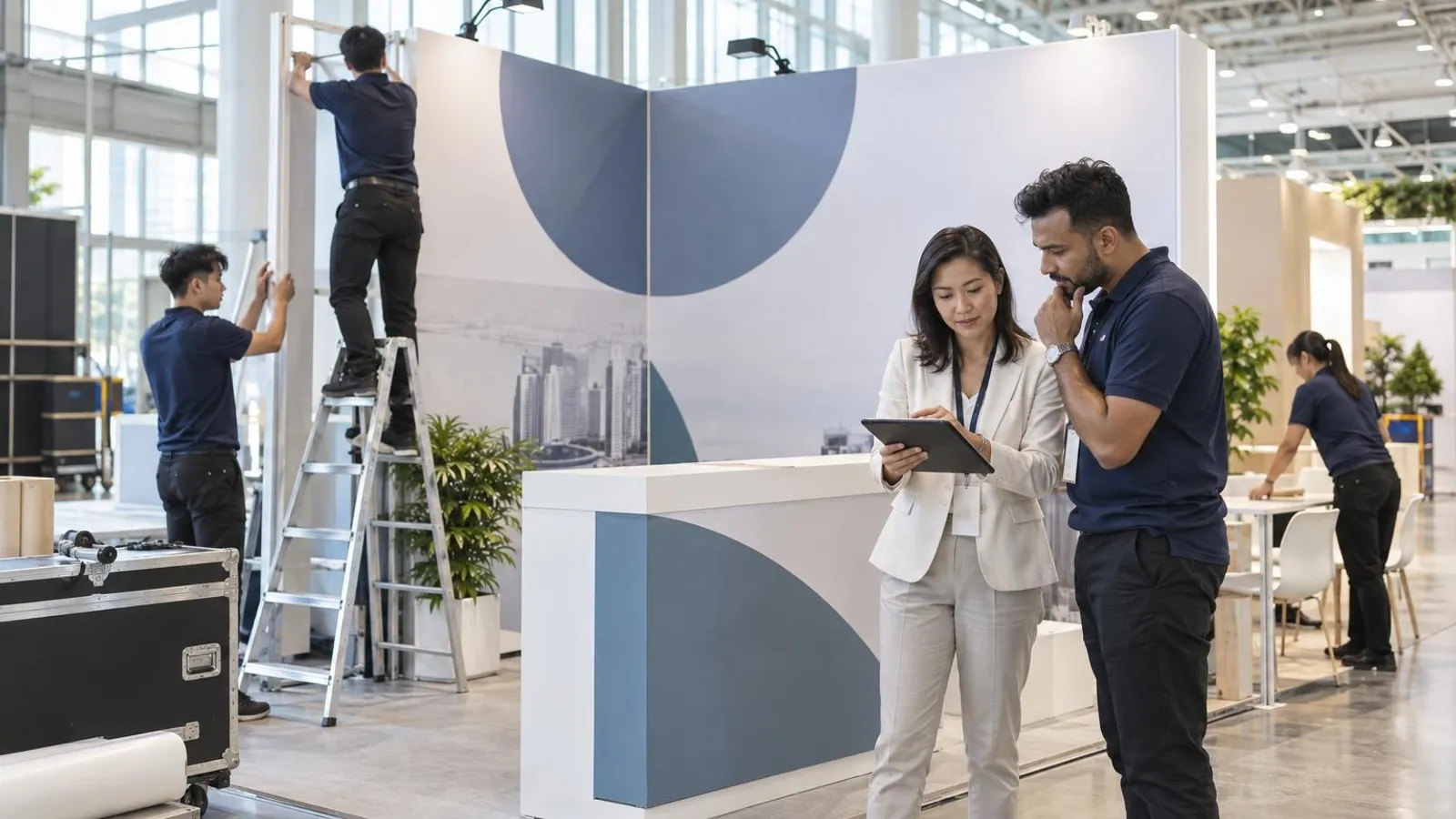 Workers assembling a modular exhibition booth while a client reviews the design on a tablet