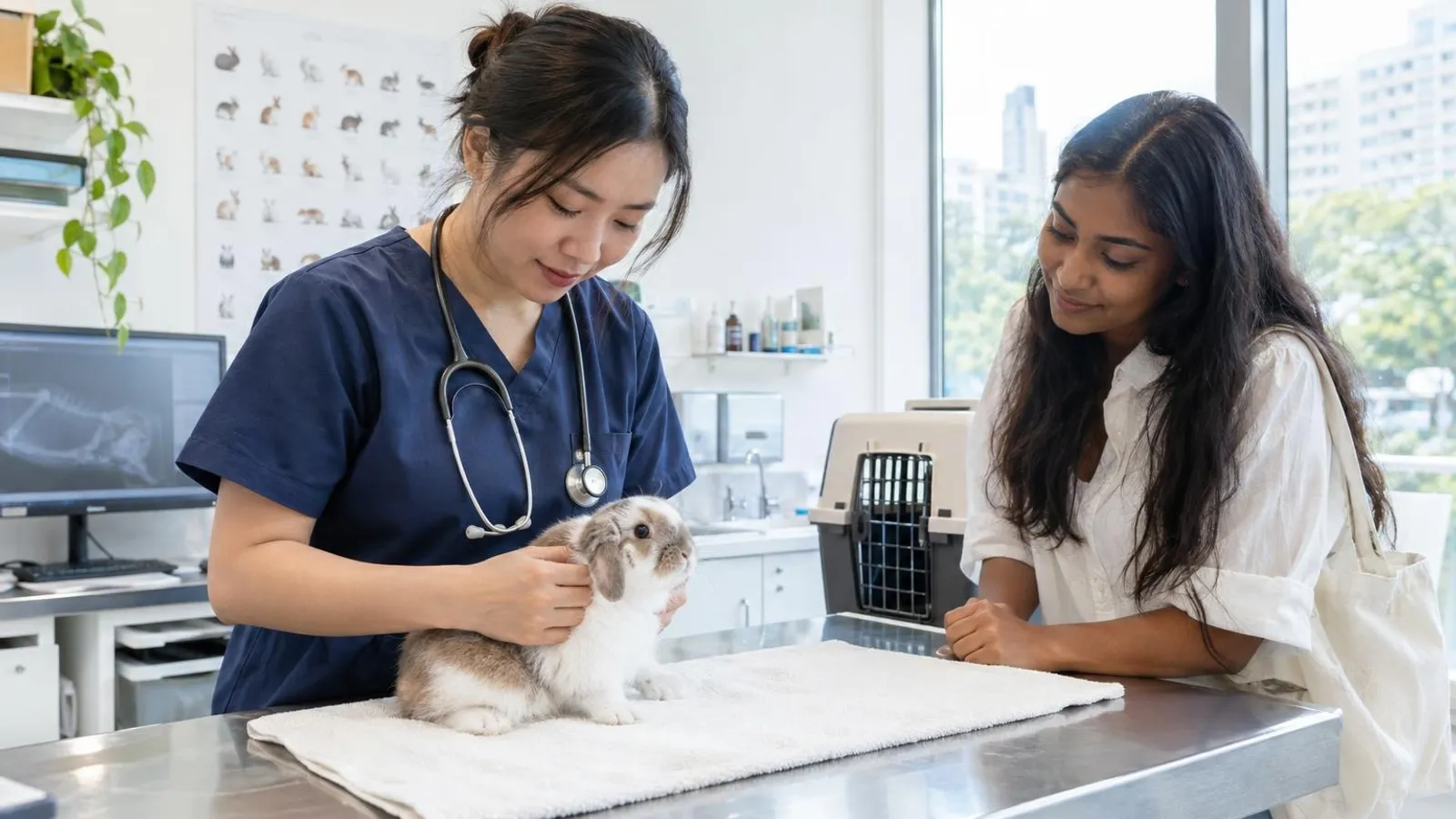 A vet examining a pet rabbit on an exam table while its owner watches
