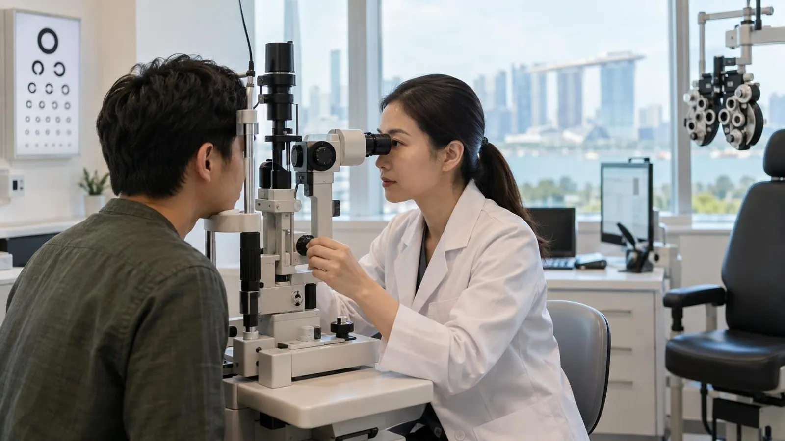 A modern ophthalmology clinic in Singapore with a slit-lamp eye examination device