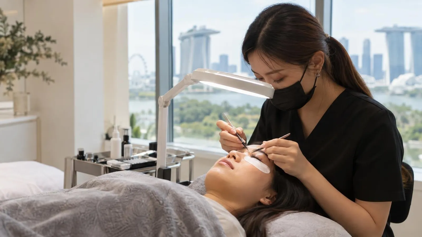A lash technician applying eyelash extensions with tweezers to a client under a task lamp in a clean Singapore lash studio