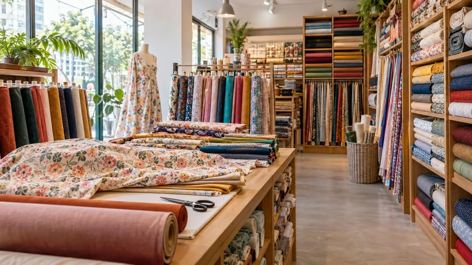 A bright fabric and textile shop in Singapore with rolls of colourful cloth on shelves and tables