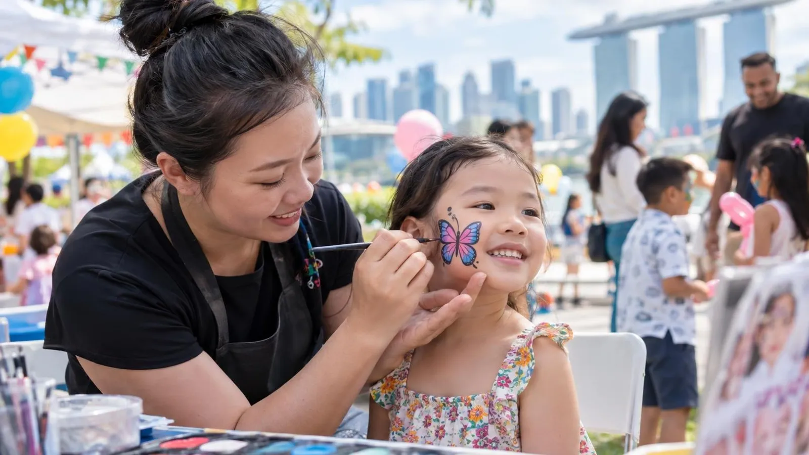 A face painter decorating a child cheek with a colourful butterfly design at a bright outdoor Singapore party