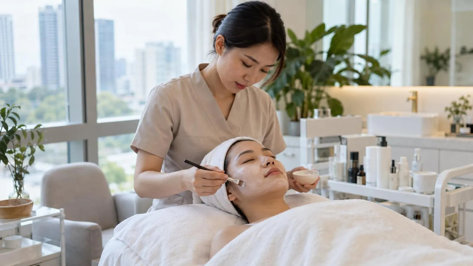 A beauty therapist performing a facial treatment on a client in a bright, calm Singapore facial salon
