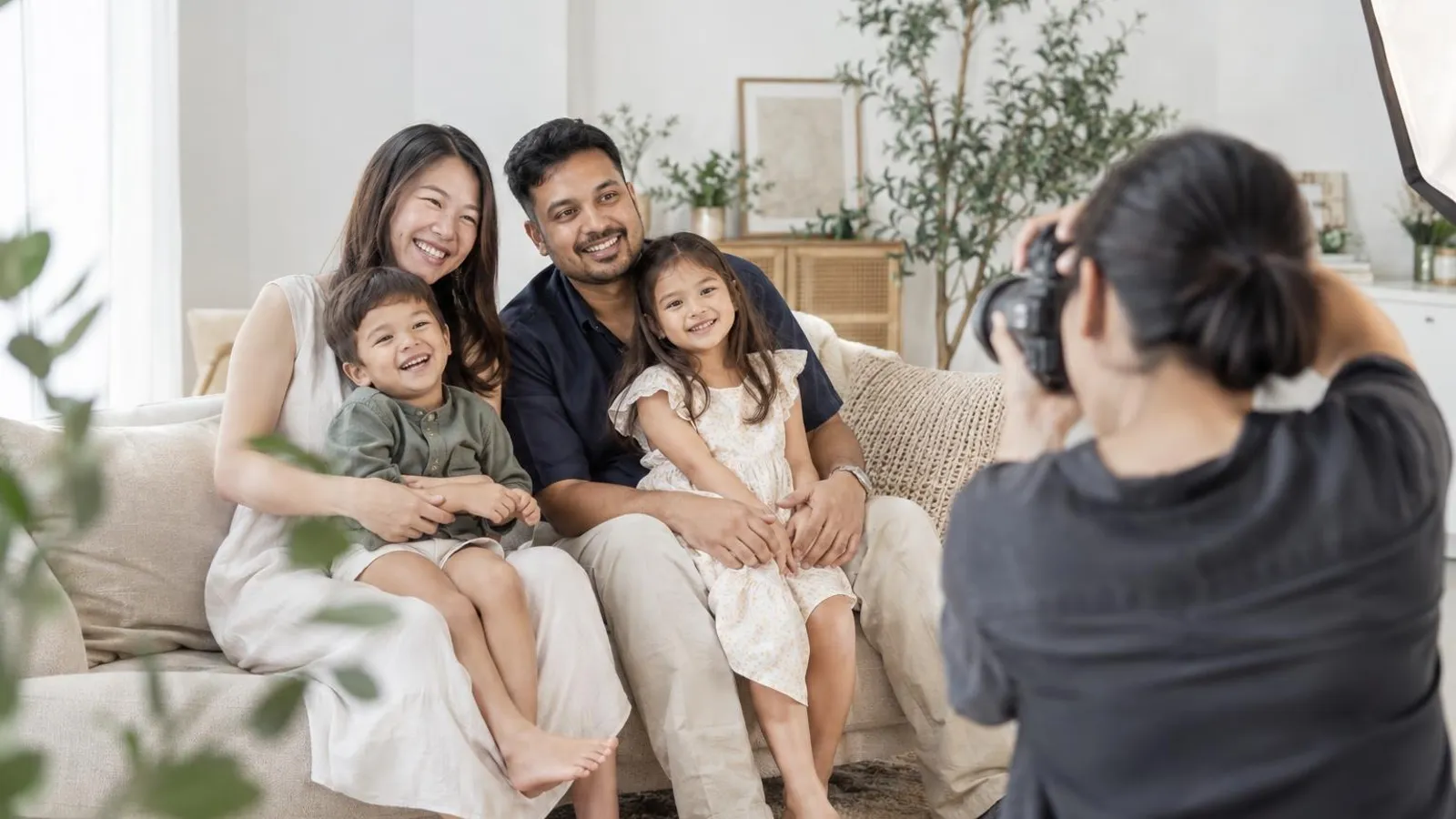A photographer capturing a family of four on a sofa in a bright studio