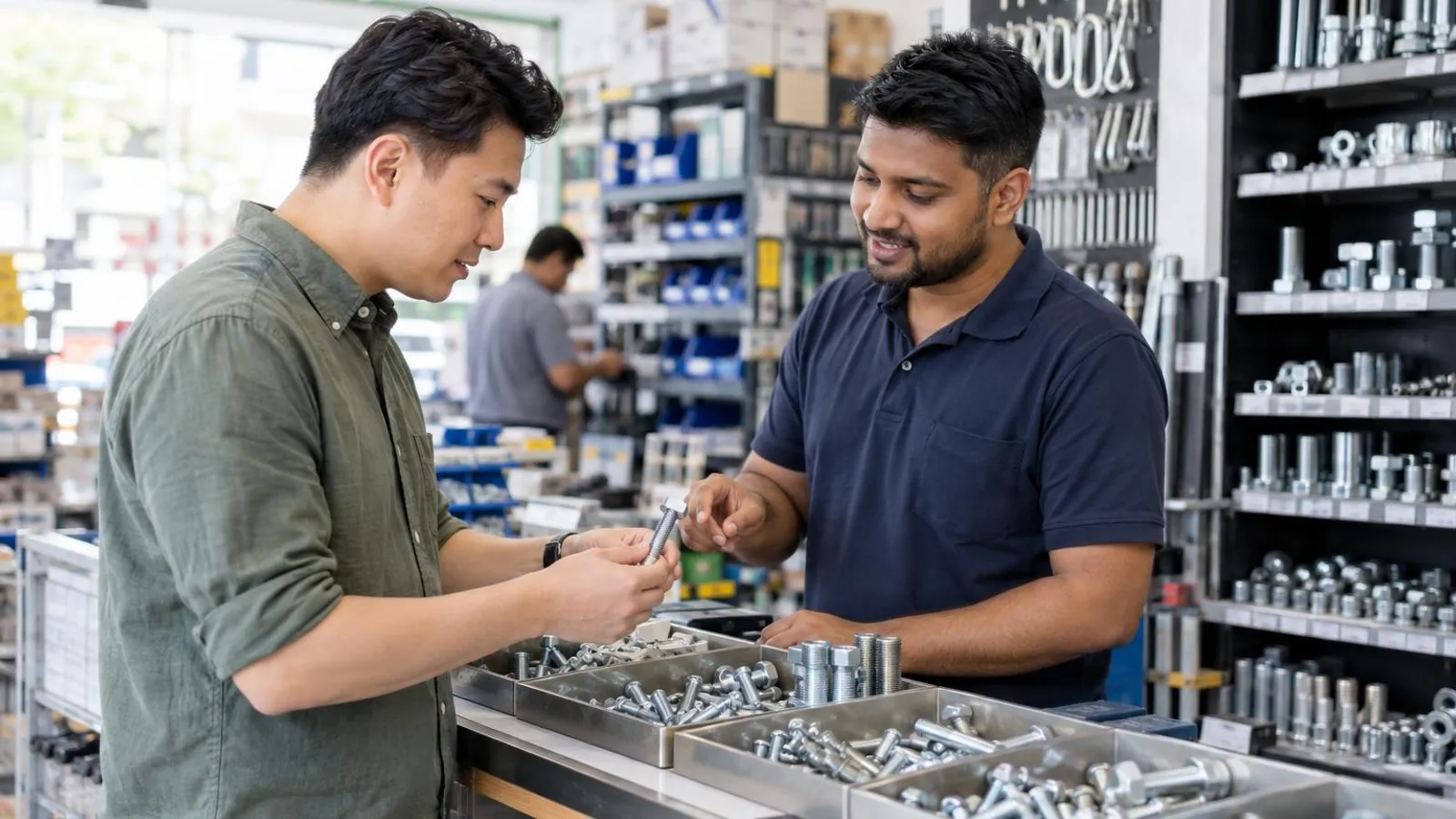Fastener and Bolt Suppliers: a customer and a provider in a bright, modern setting