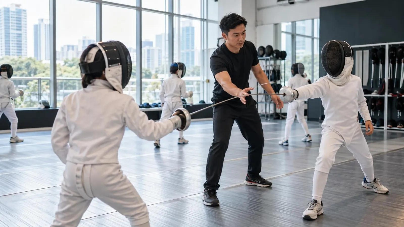 A fencing coach guiding masked young fencers with foils at a Singapore salle