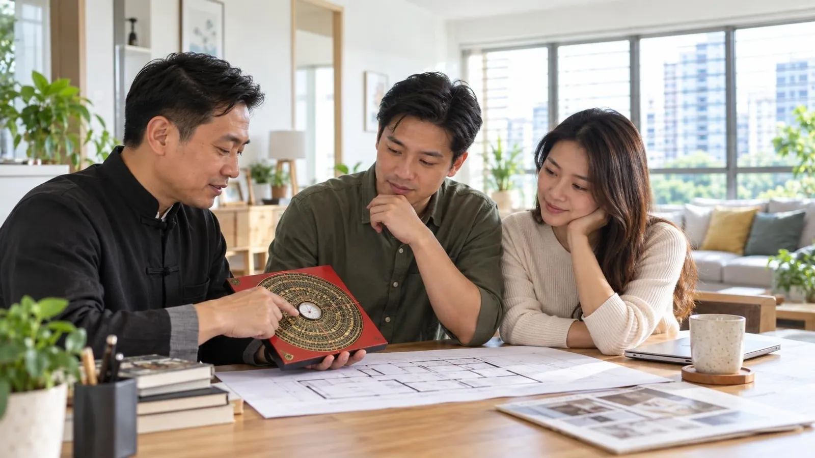 A feng shui consultant with a luopan compass reviewing a home floor plan with a client in a bright living room