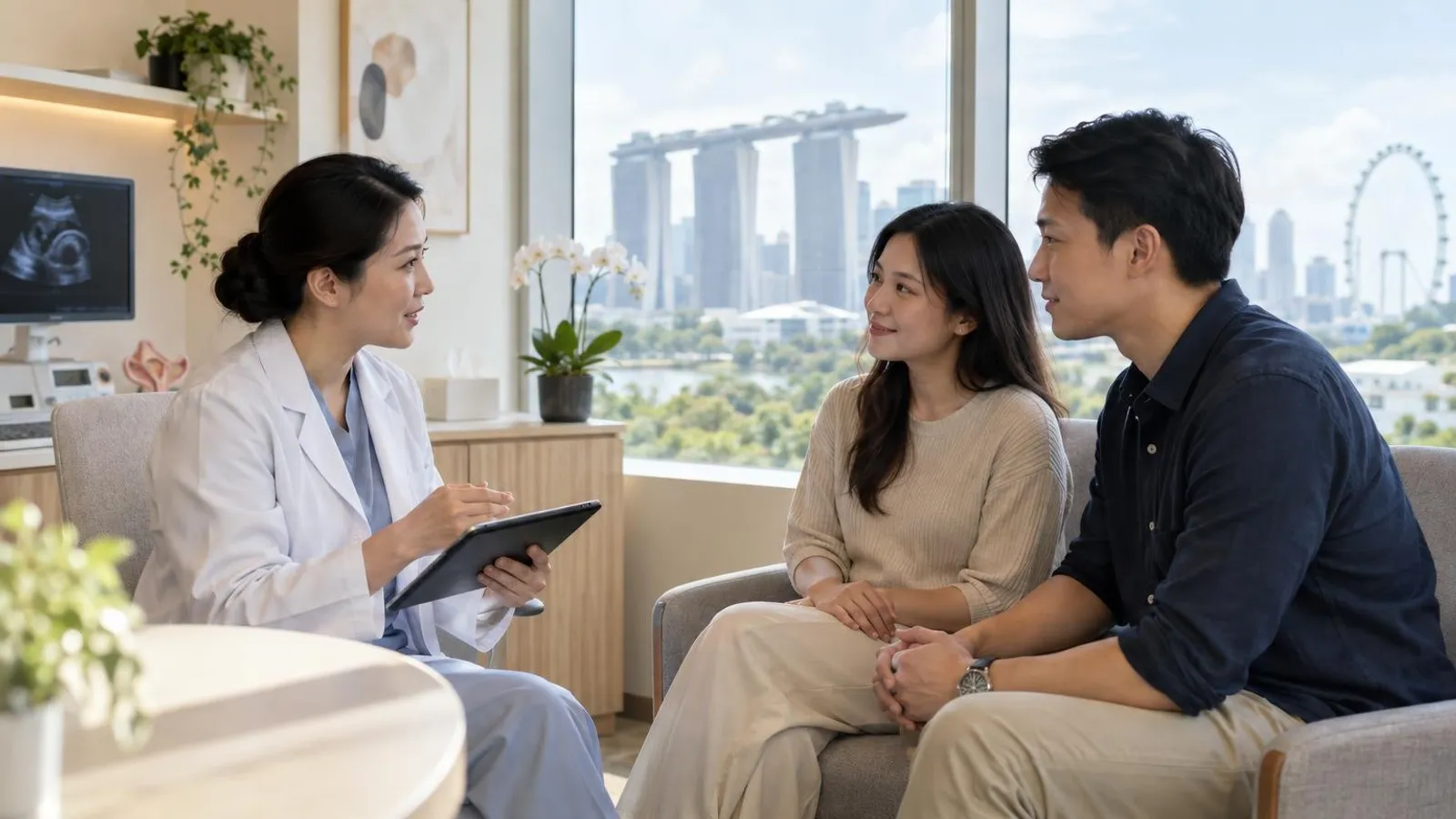 A calm modern fertility clinic consultation room in Singapore with soft daylight and comfortable seating