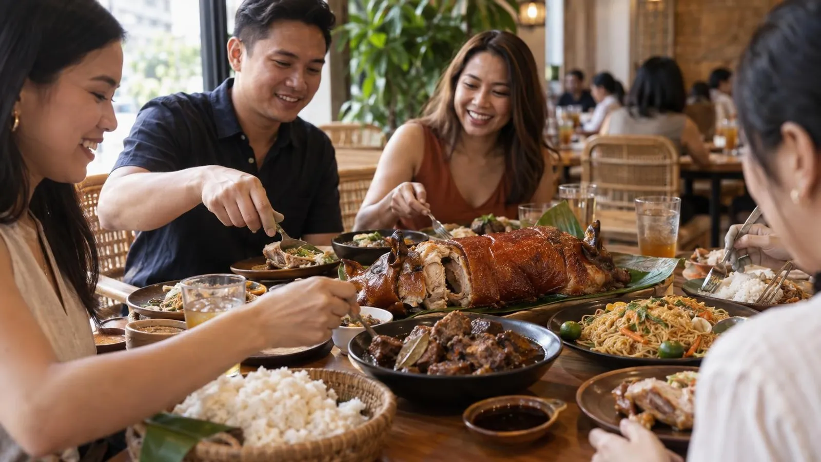 A Filipino feast of lechon, adobo and pancit shared on a table at a Singapore restaurant