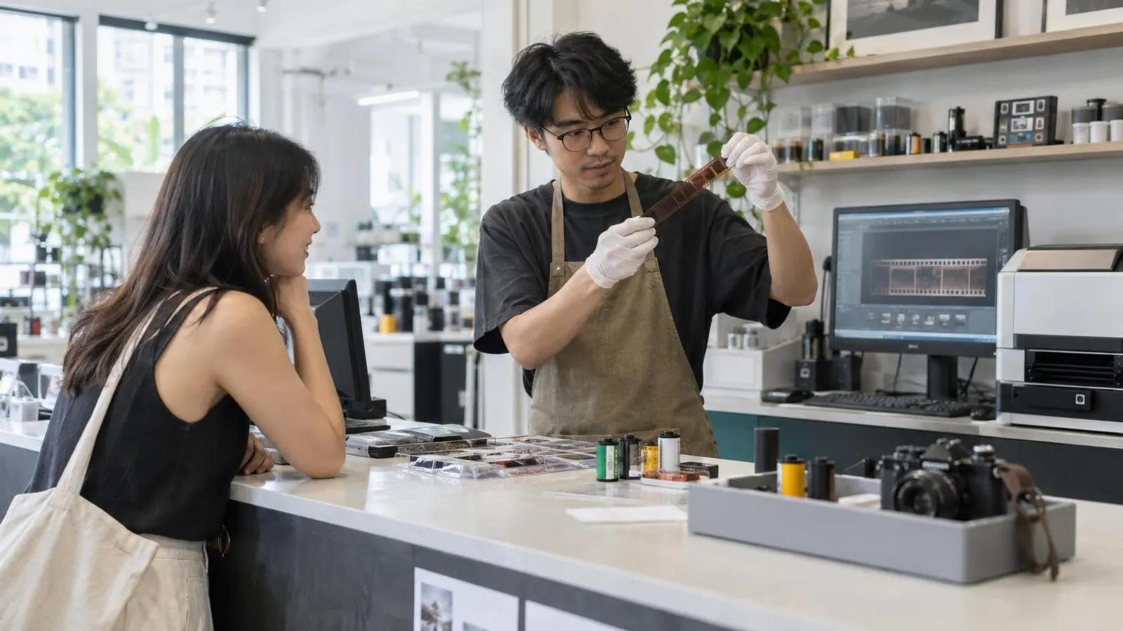 Film Photo Developing and Scanning Labs: a customer and a provider in a bright, modern setting