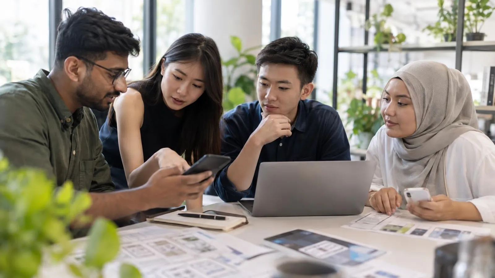 A small team of developers reviewing a mobile payment app prototype on phones and a laptop around a bright modern table