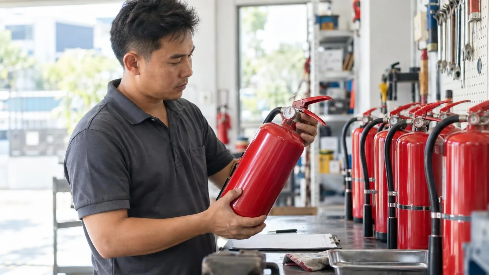 A technician inspecting a red fire extinguisher with several extinguishers lined up behind him in a bright workshop