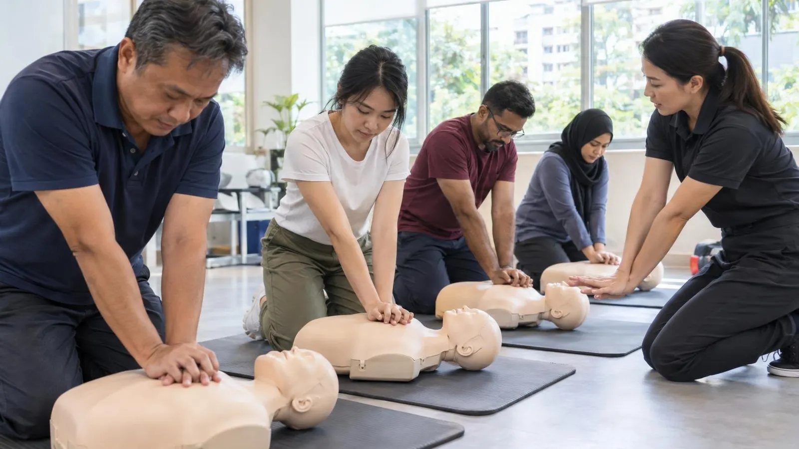 A class of adults practising chest compressions on training manikins while an instructor demonstrates
